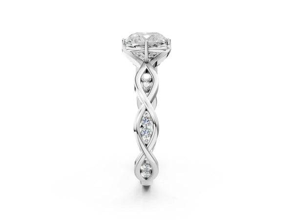 White gold Cushion Solitaire Twist Band with Leaf Prong Setting