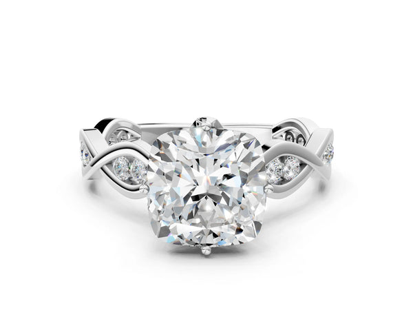 White gold Cushion Solitaire Twist Band with Leaf Prong Setting
