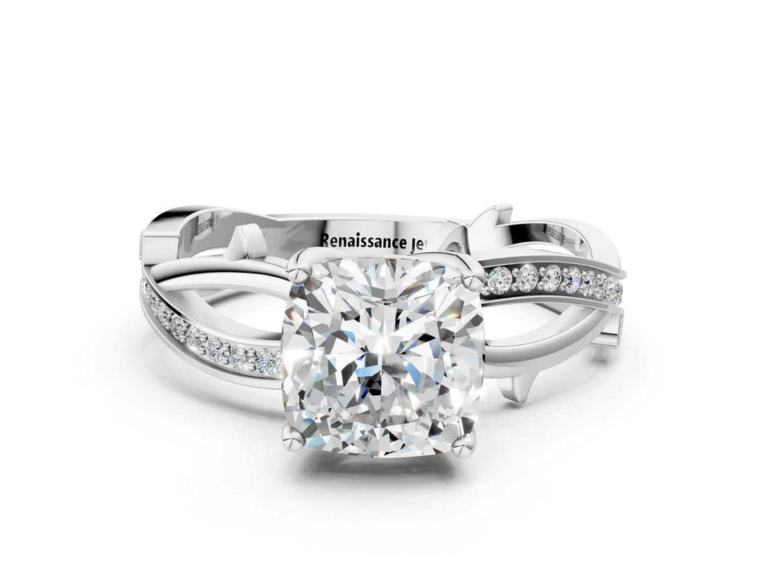 White gold Cushion Solitaire Twist Band with Pavé Accents and Four-Prong Setting_20