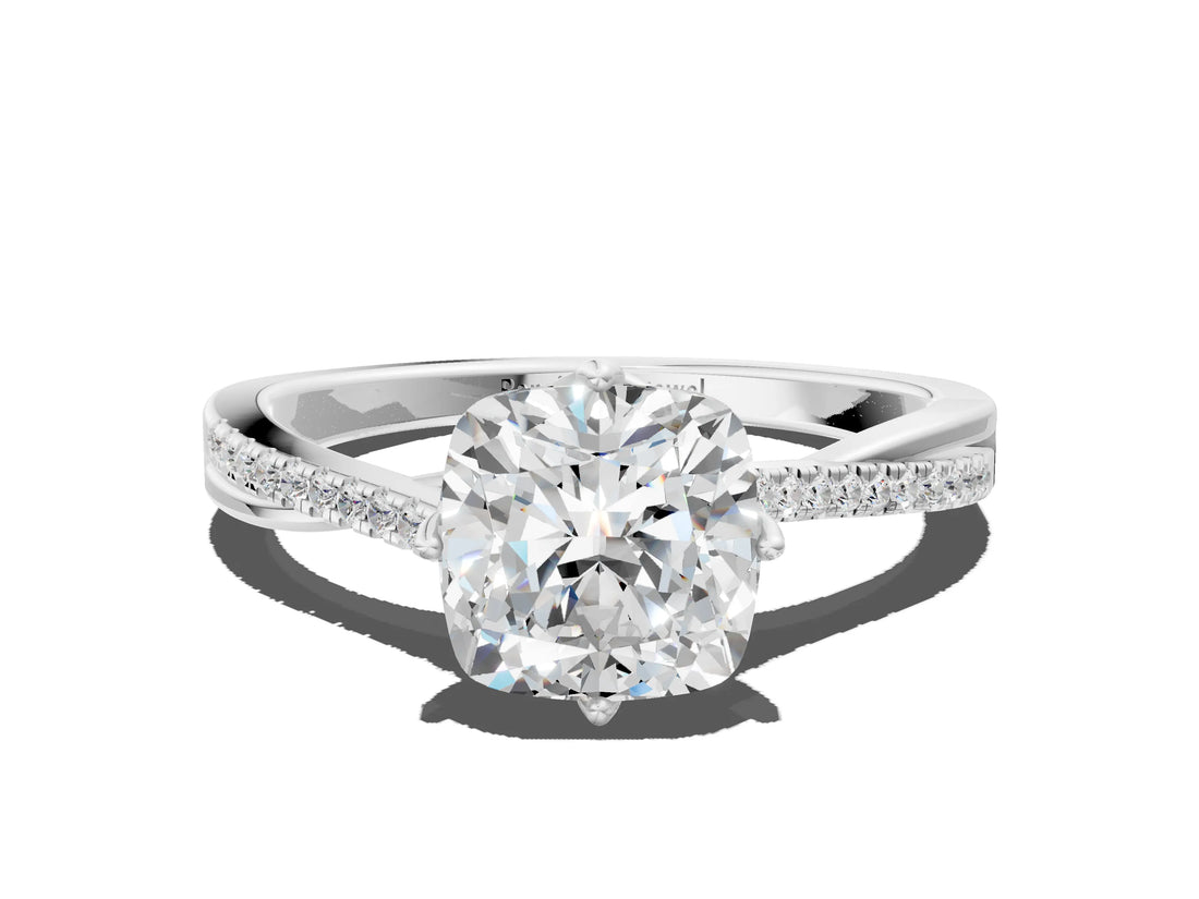 White gold Cushion Solitaire Twist Band with Pavé Diamonds and Four-Prong Setting_55