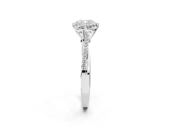 White gold Cushion Solitaire Twist Band with Pavé Diamonds and Four-Prong Setting