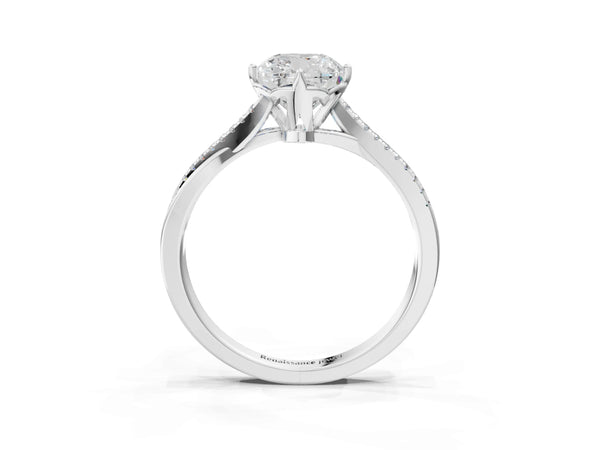 White gold Cushion Solitaire Twist Band with Pavé Diamonds and Four-Prong Setting