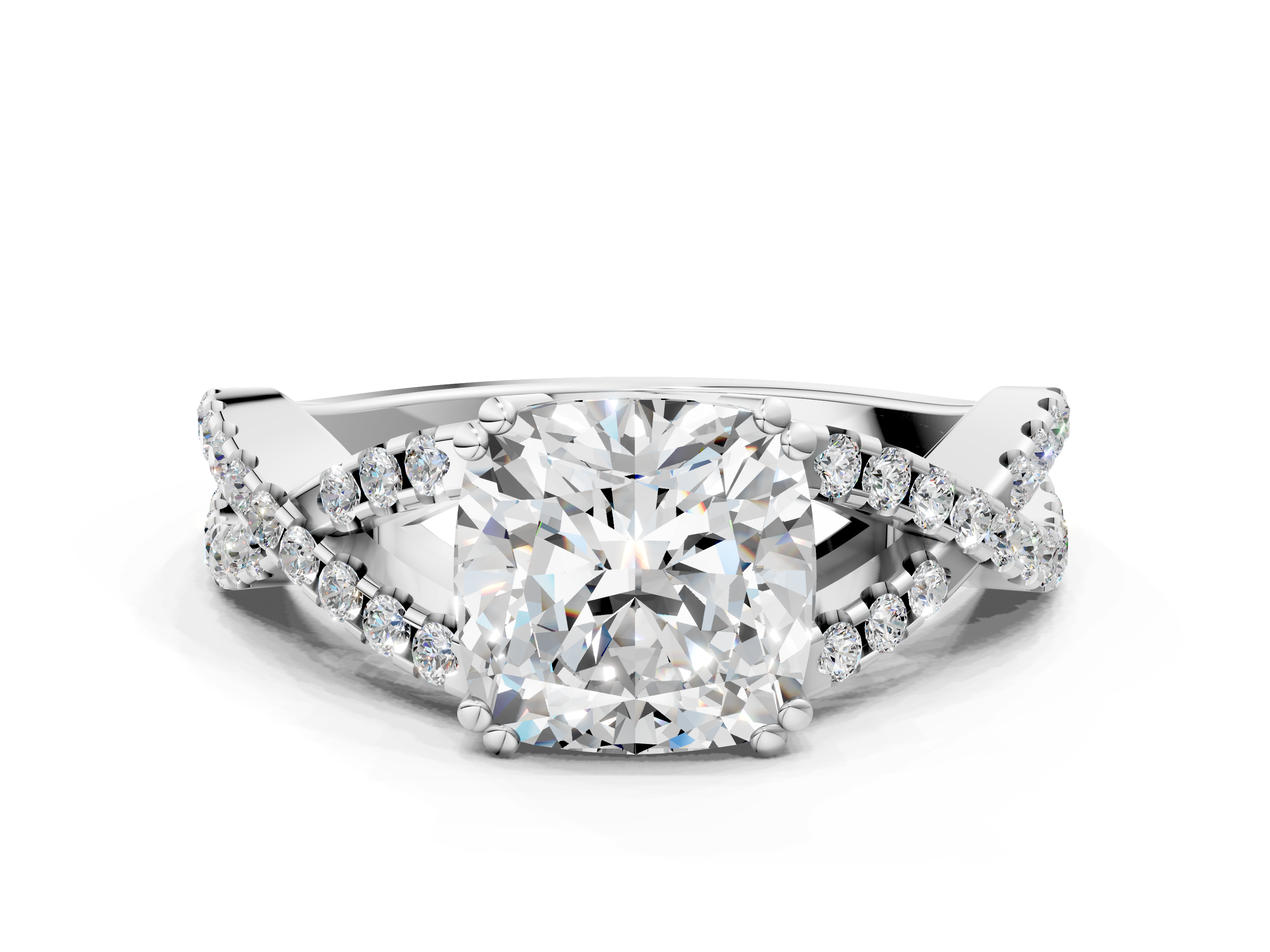 White gold Cushion Solitaire Twist Band with Pavé Setting and Four-Prong Setting_34