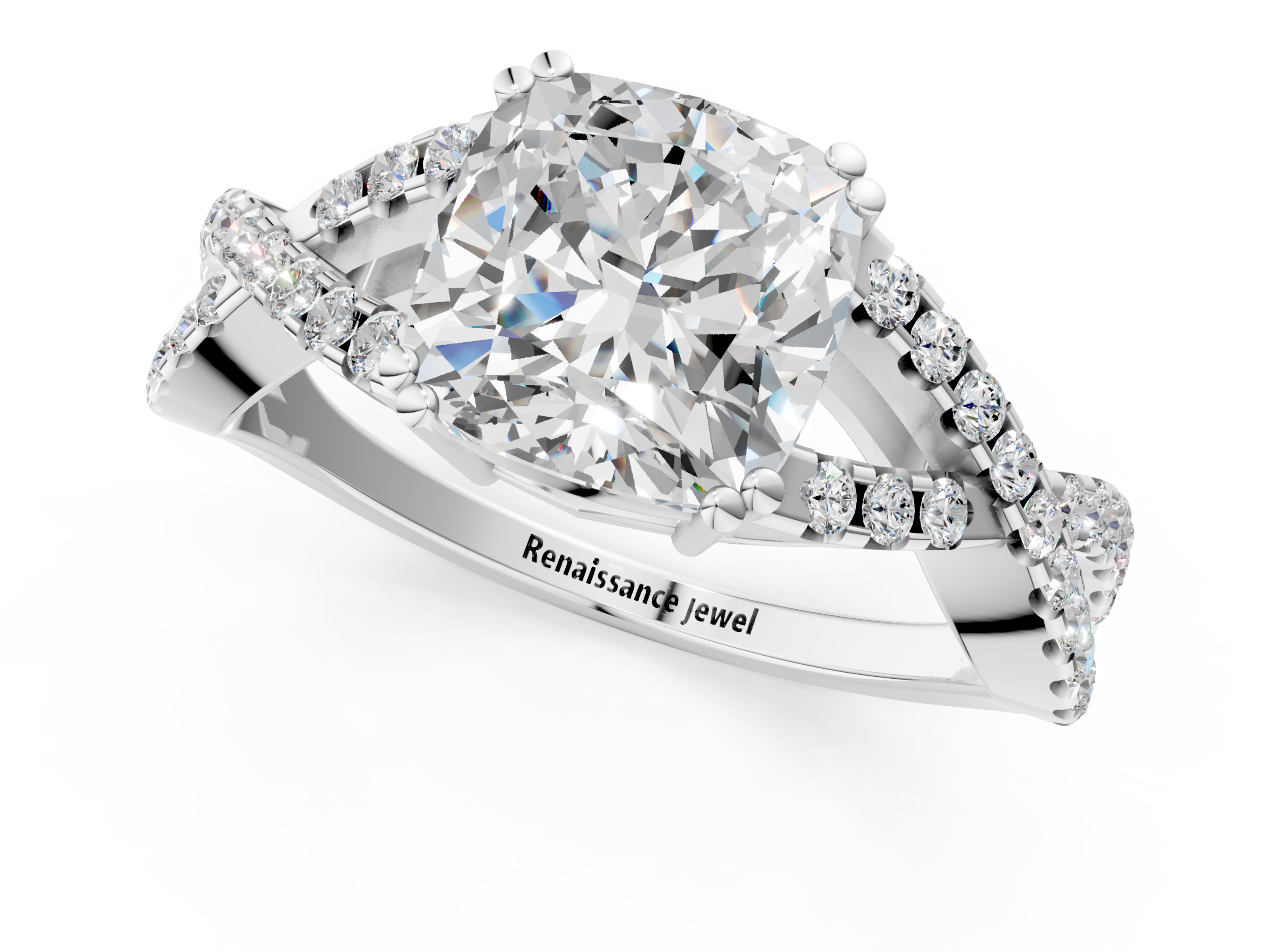 White gold Cushion Solitaire Twist Band with Pavé Setting and Four-Prong Setting_35