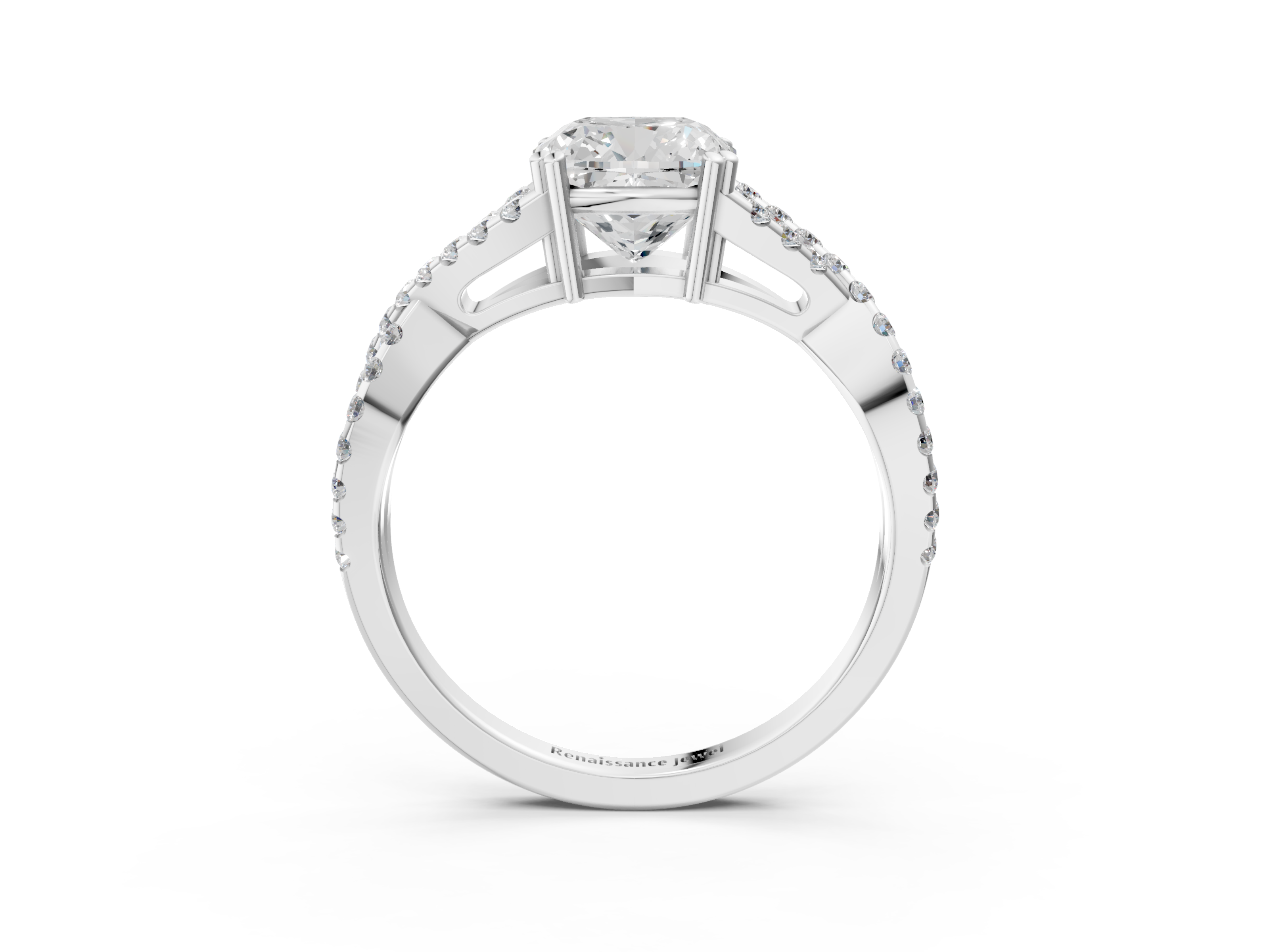 White gold Cushion Solitaire Twist Band with Pavé Setting and Four-Prong Setting_37