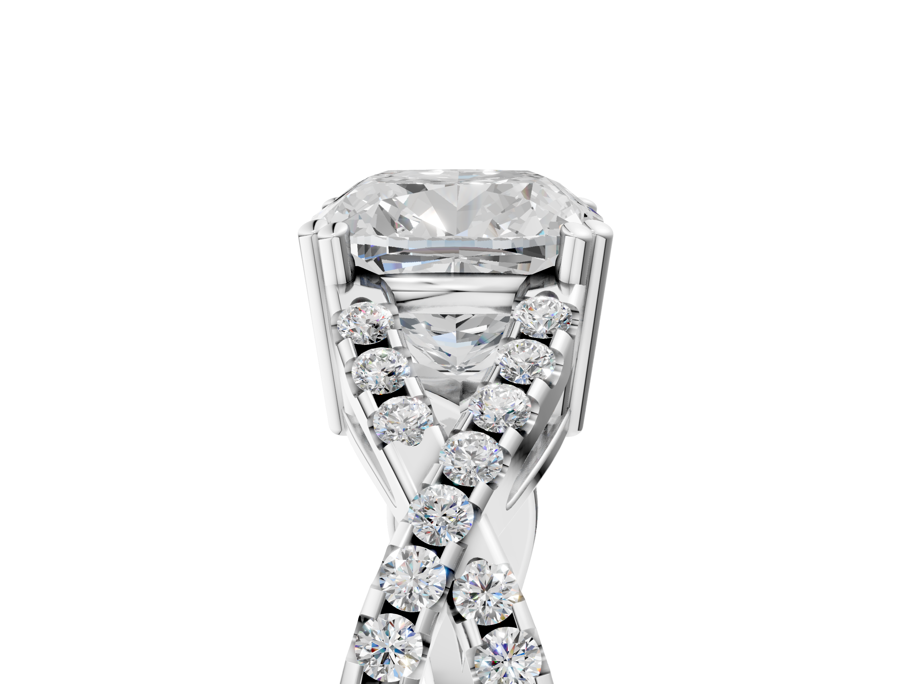 White gold Cushion Solitaire Twist Band with Pavé Setting and Four-Prong Setting_39