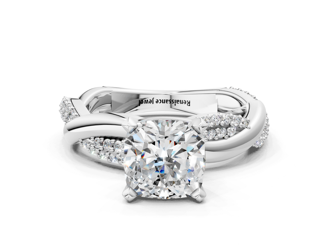 White gold Cushion Solitaire Twist Band with Pave Prong Setting_80