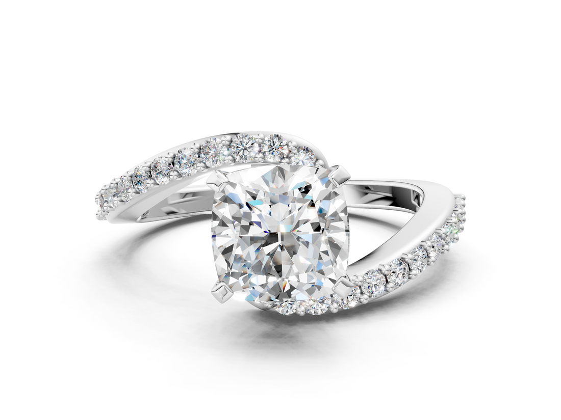 White gold Cushion Solitaire Twist Band with Pave Set Diamonds and Four-Prong Setting_179