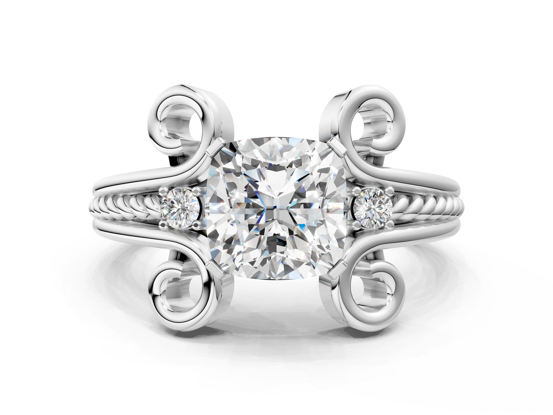 White gold Cushion Solitaire Twisted Band Scroll Prong Ring_3
