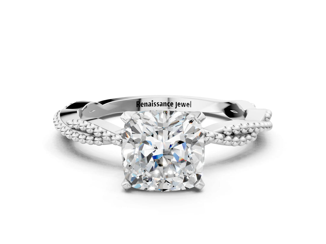 White gold Cushion Solitaire Twisted Band with Bead Prong Setting_339