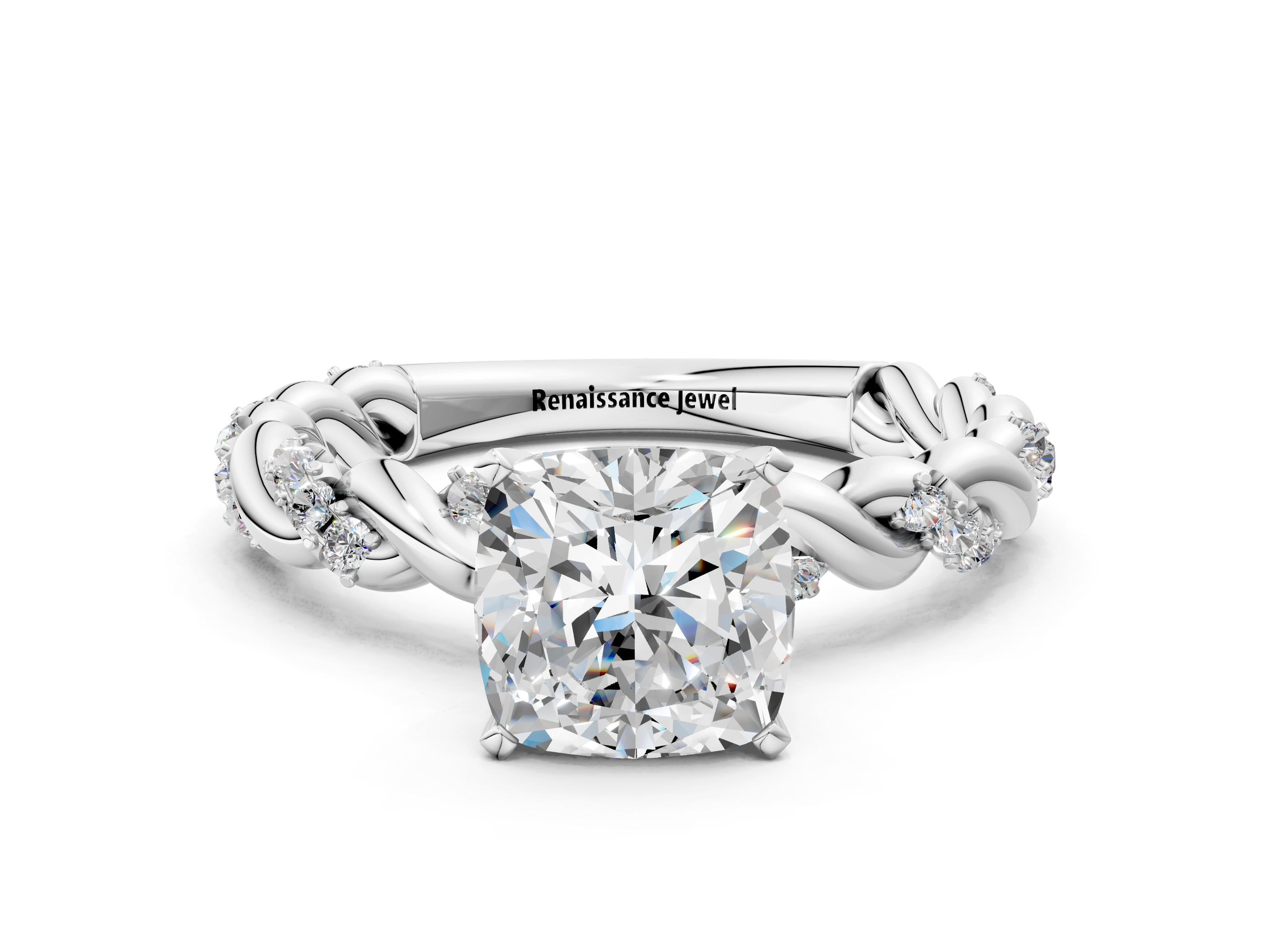 White gold Cushion Solitaire Twisted Band with Pavé Accents and Four-Prong Setting_52