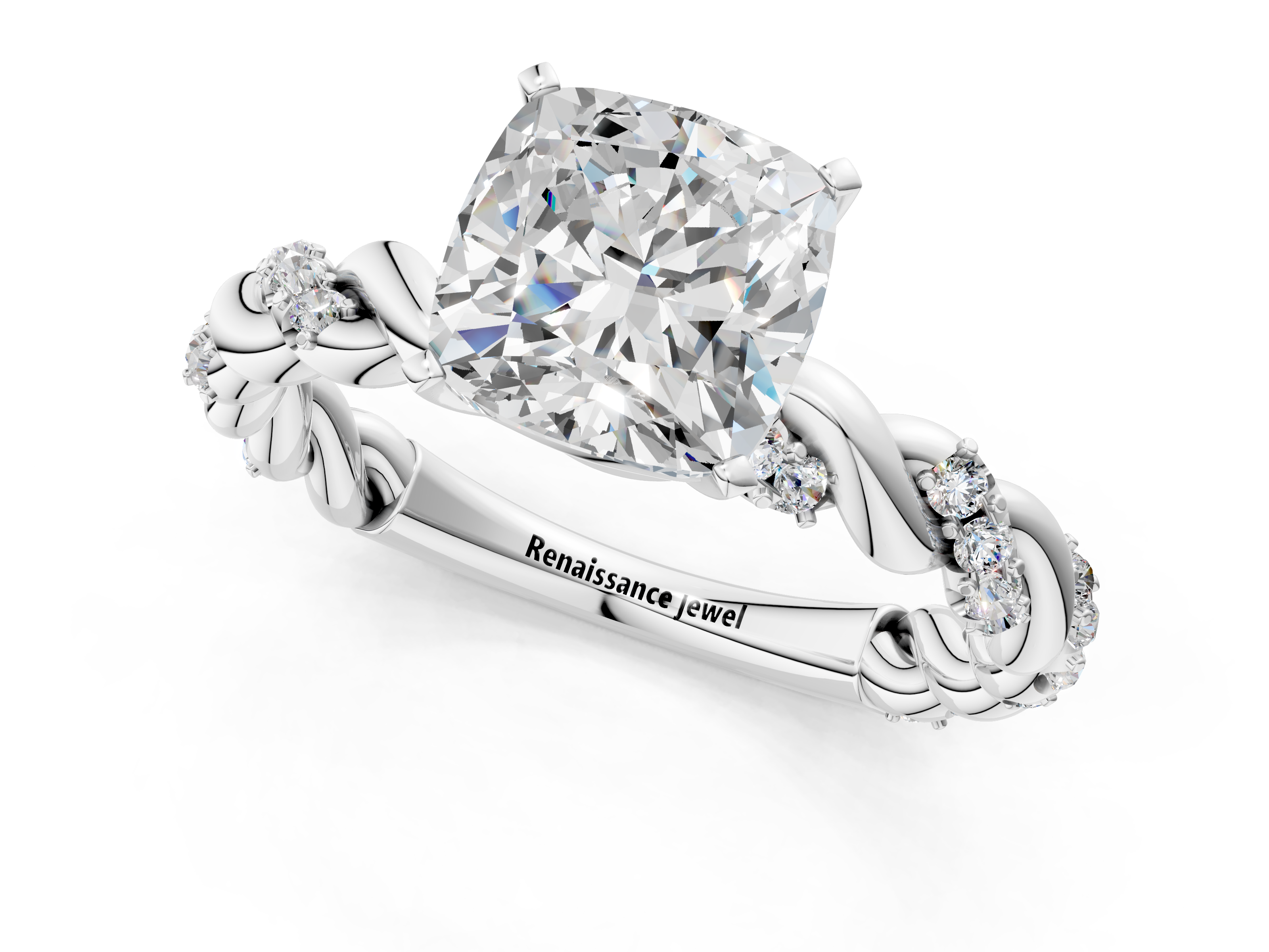 White gold Cushion Solitaire Twisted Band with Pavé Accents and Four-Prong Setting_53