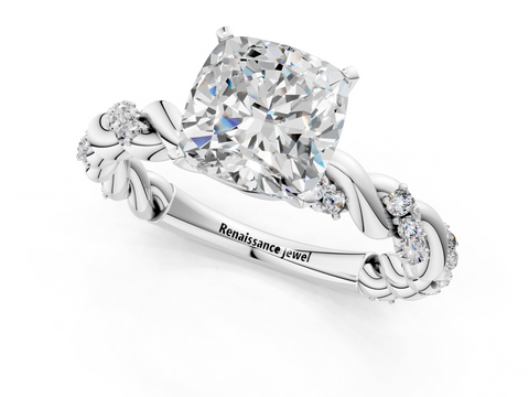 White gold Cushion Solitaire Twisted Band with Pavé Accents and Four-Prong Setting_53