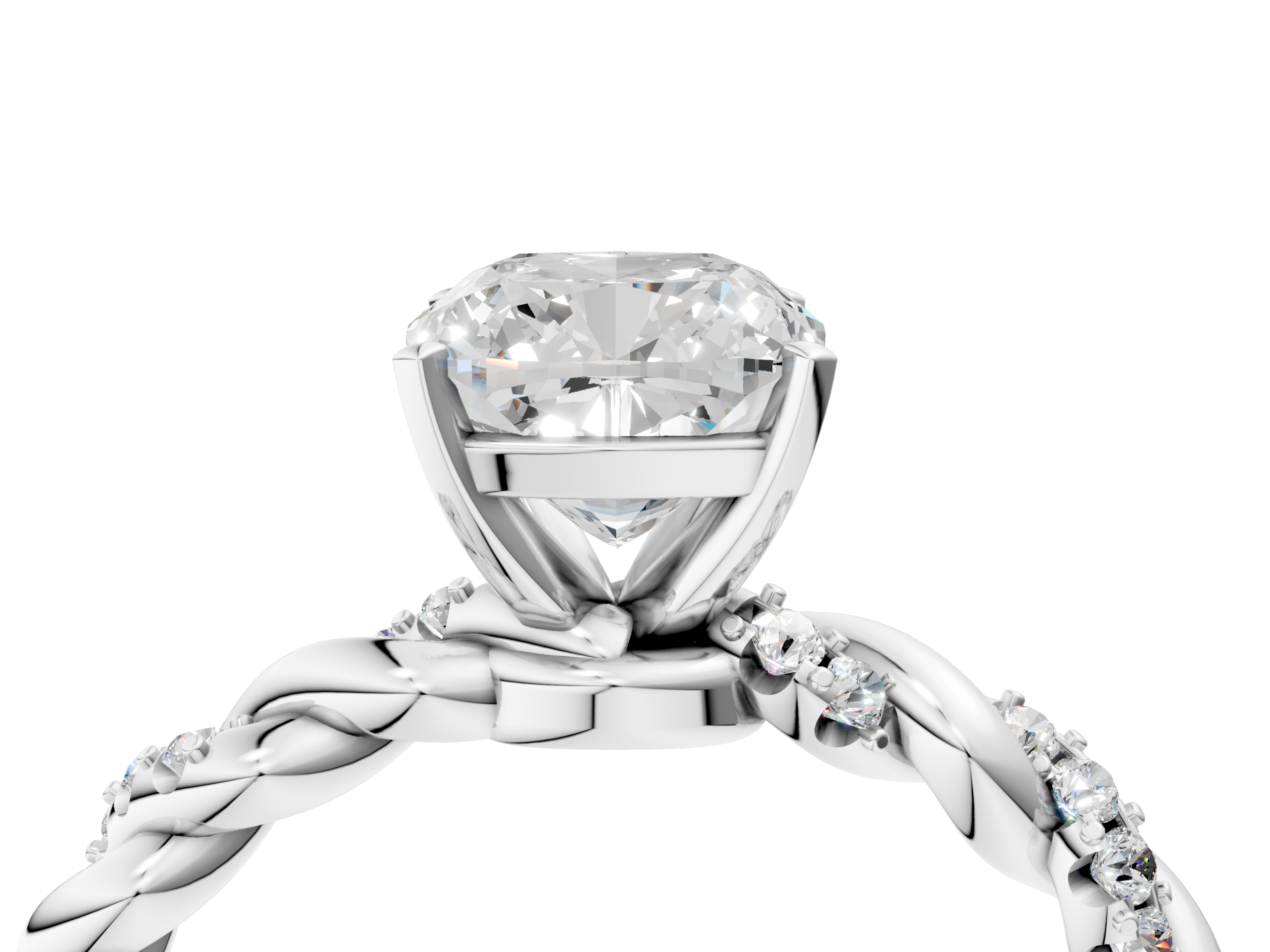 White gold Cushion Solitaire Twisted Band with Pavé Accents and Four-Prong Setting_56