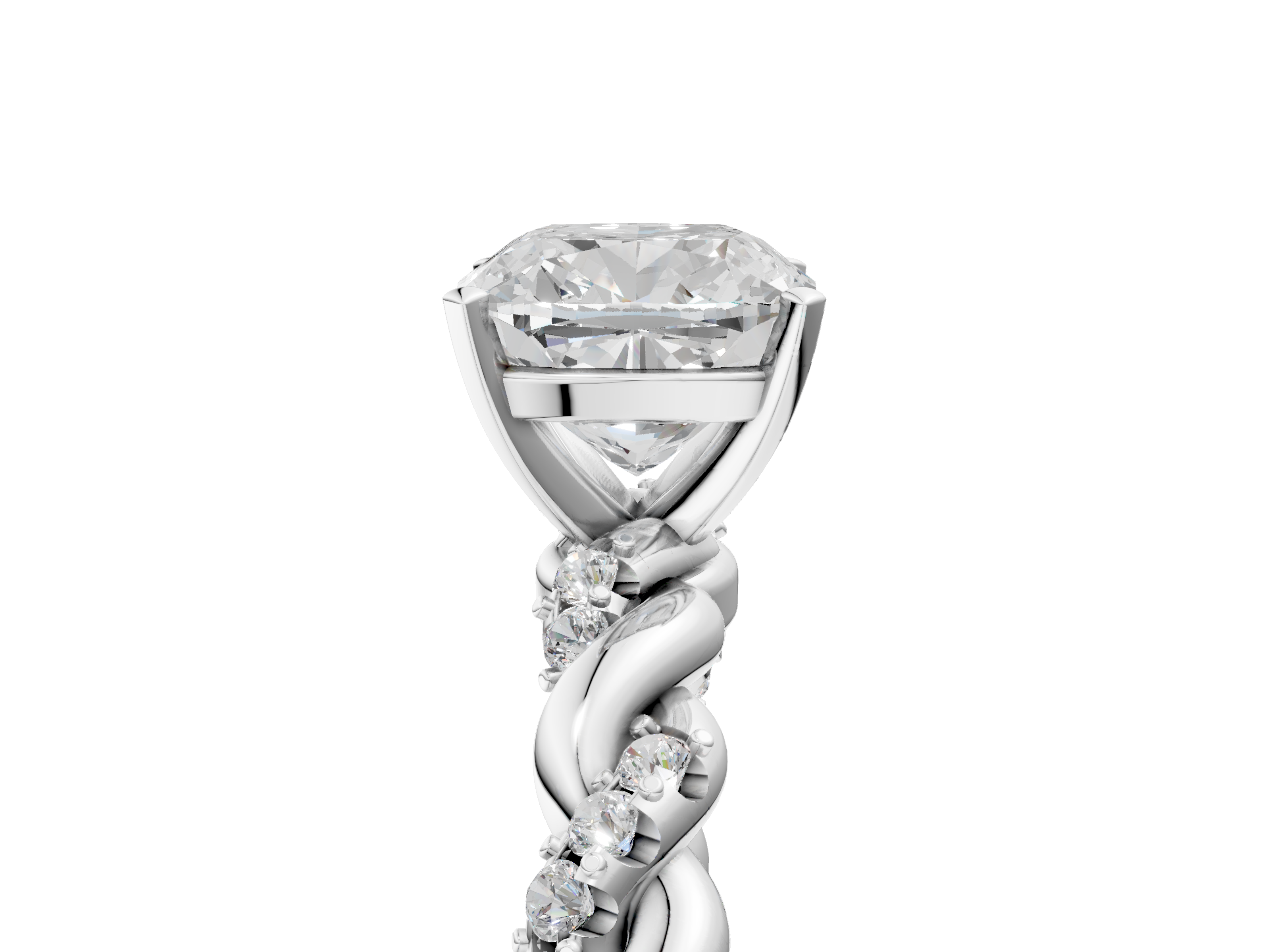 White gold Cushion Solitaire Twisted Band with Pavé Accents and Four-Prong Setting_57