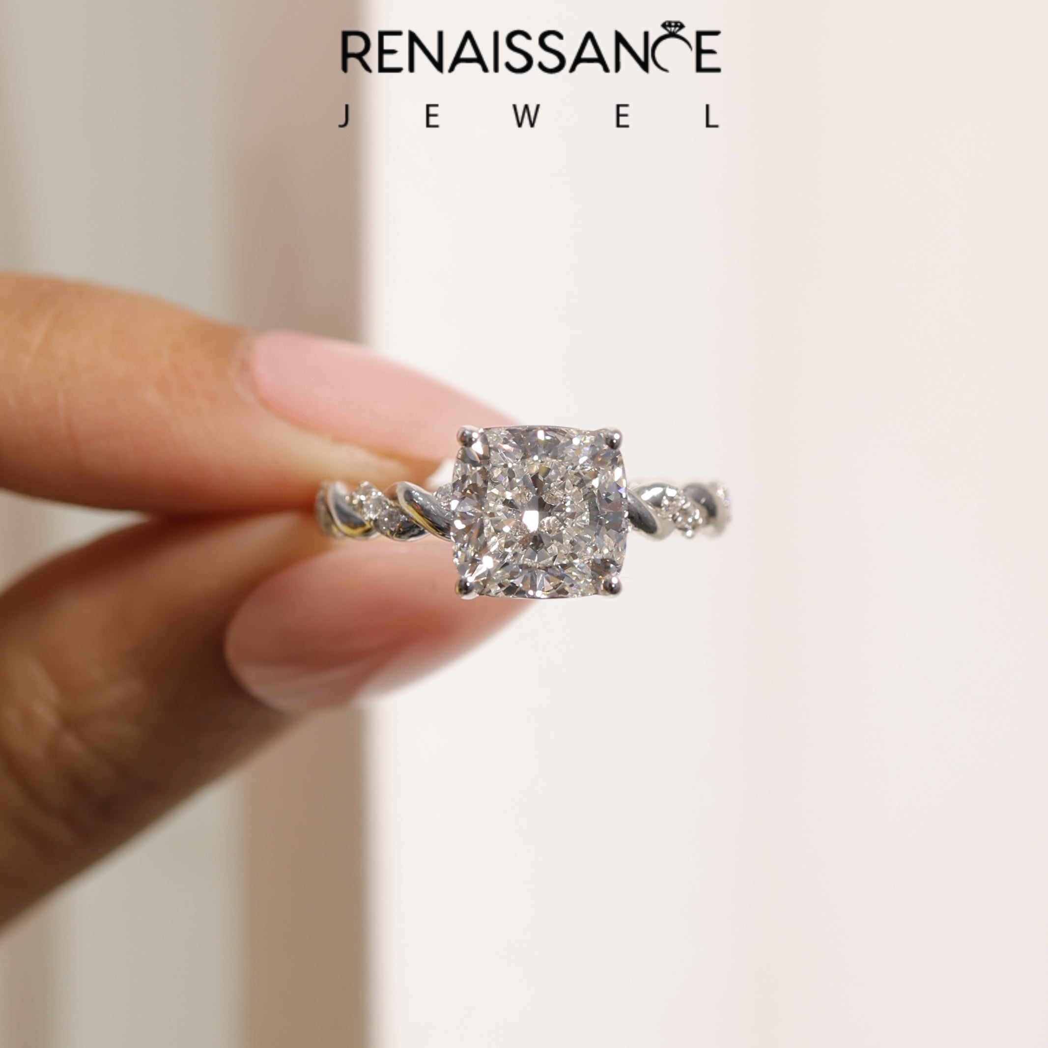 White gold Cushion Solitaire Twisted Band with Pavé Accents and Four-Prong Setting_68