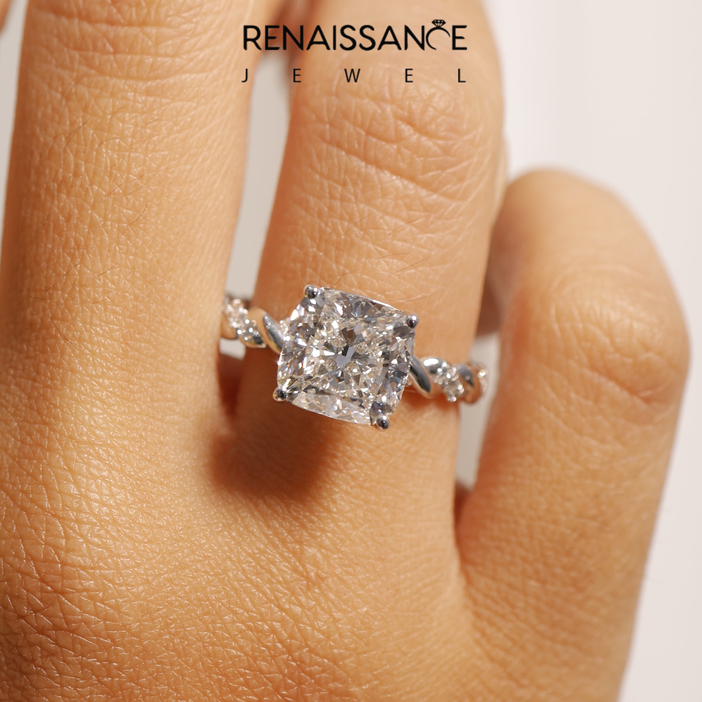 White gold Cushion Solitaire Twisted Band with Pavé Accents and Four-Prong Setting_70