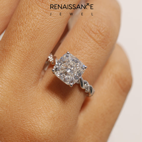 White gold Cushion Solitaire Twisted Band with Pavé Accents and Four-Prong Setting_71