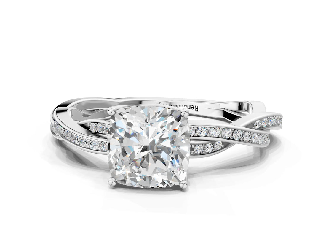 White gold Cushion Solitaire Twisted Pave Diamond Ring with Four-Prong Setting_92