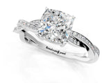 White gold Cushion Solitaire Twisted Pave Diamond Ring with Four-Prong Setting_93