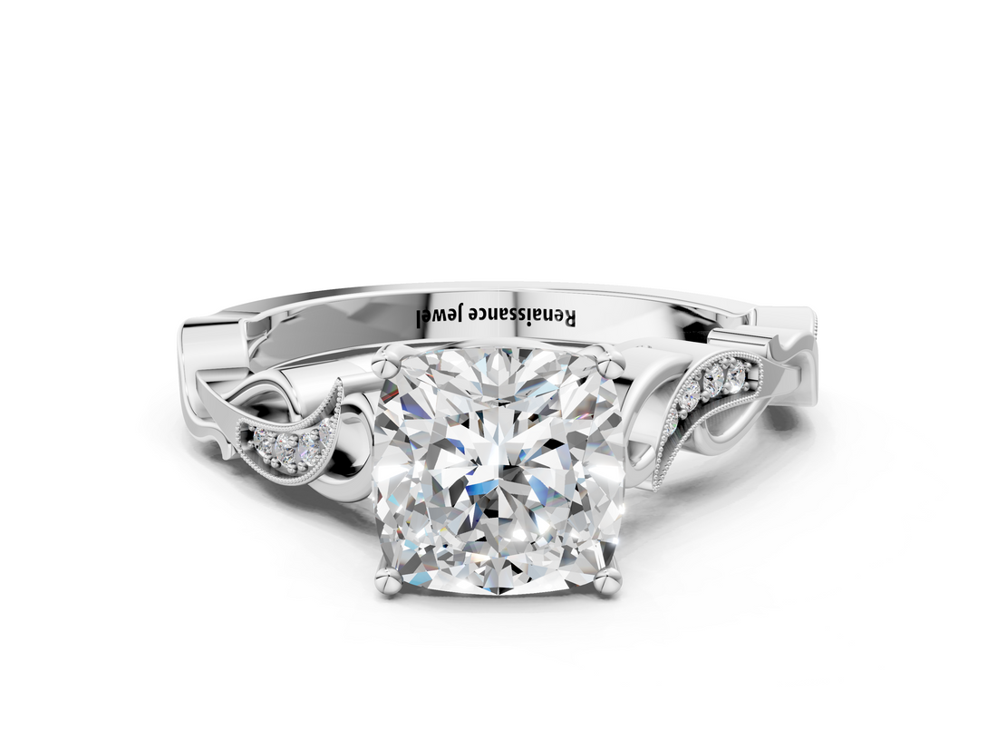 White gold Cushion Solitaire Vine Band with Milgrain Prong Setting_24