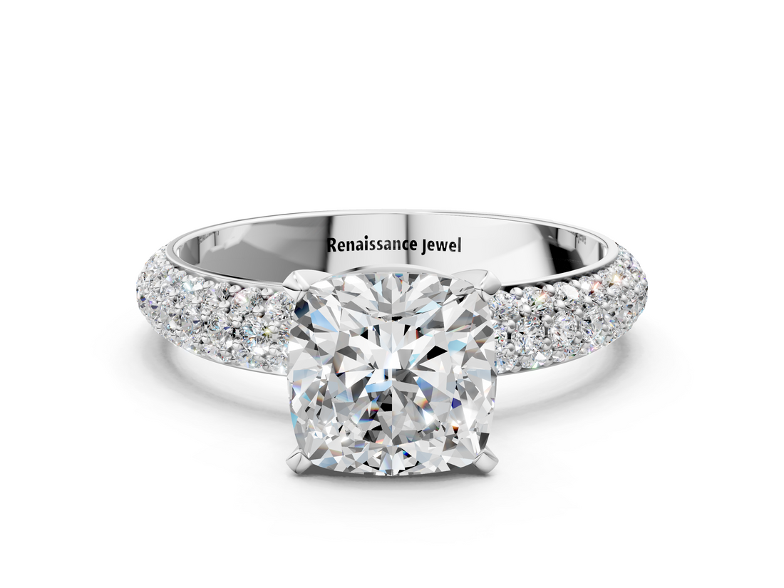 White gold Cushion Solitaire with Pave Band and Four-Prong Setting_35