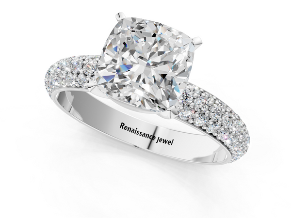 White gold Cushion Diamond Solitaire Ring with Prong Setting and Pavé Band