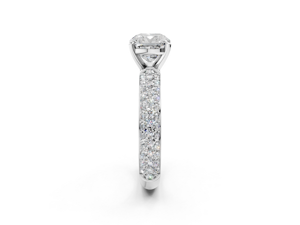 White gold Cushion Diamond Solitaire Ring with Prong Setting and Pavé Band