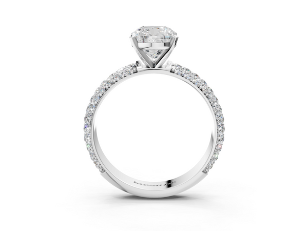 White gold Cushion Diamond Solitaire Ring with Prong Setting and Pavé Band