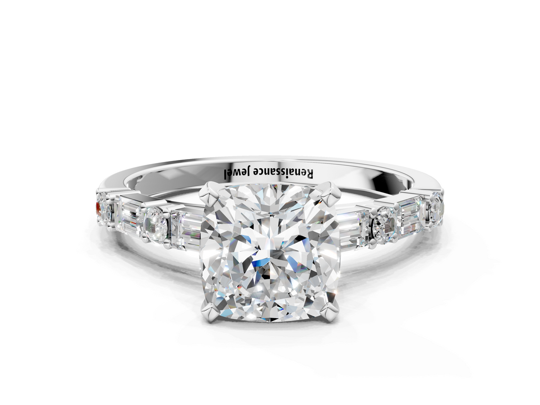 White gold Cushion Solitaire with Side Baguettes and Channel Set Band_81