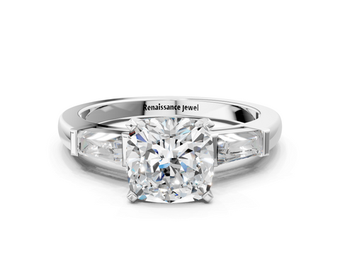 White gold Cushion Solitaire with Tapered Baguette Side Stones on a Classic Band with Four-Prong Setting_135