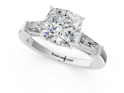 White gold Cushion Solitaire with Tapered Baguette Side Stones on a Classic Band with Four-Prong Setting_136