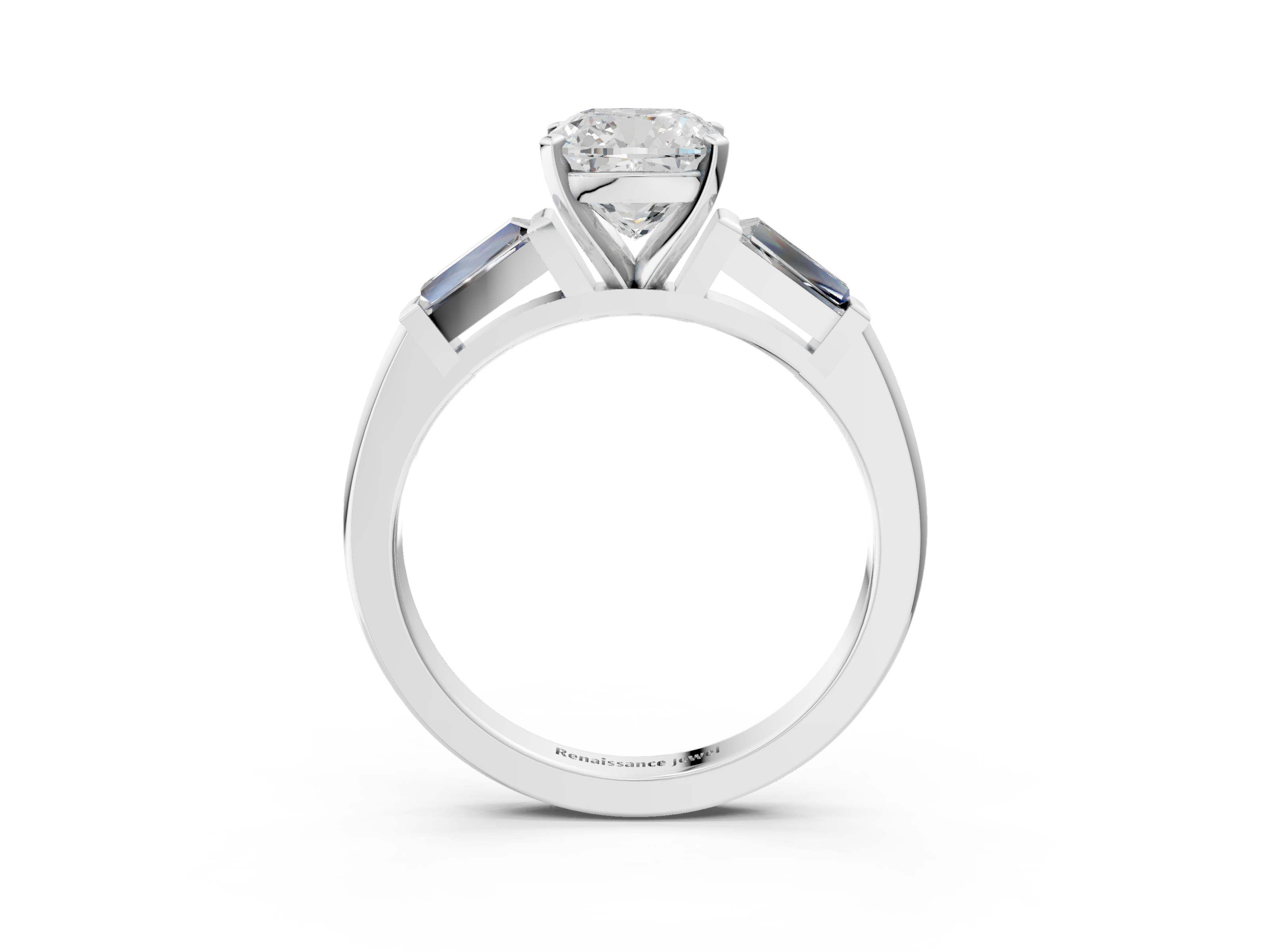 White gold Cushion Solitaire with Tapered Baguette Side Stones on a Classic Band with Four-Prong Setting_138