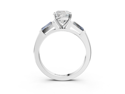White gold Cushion Solitaire with Tapered Baguette Side Stones on a Classic Band with Four-Prong Setting_138