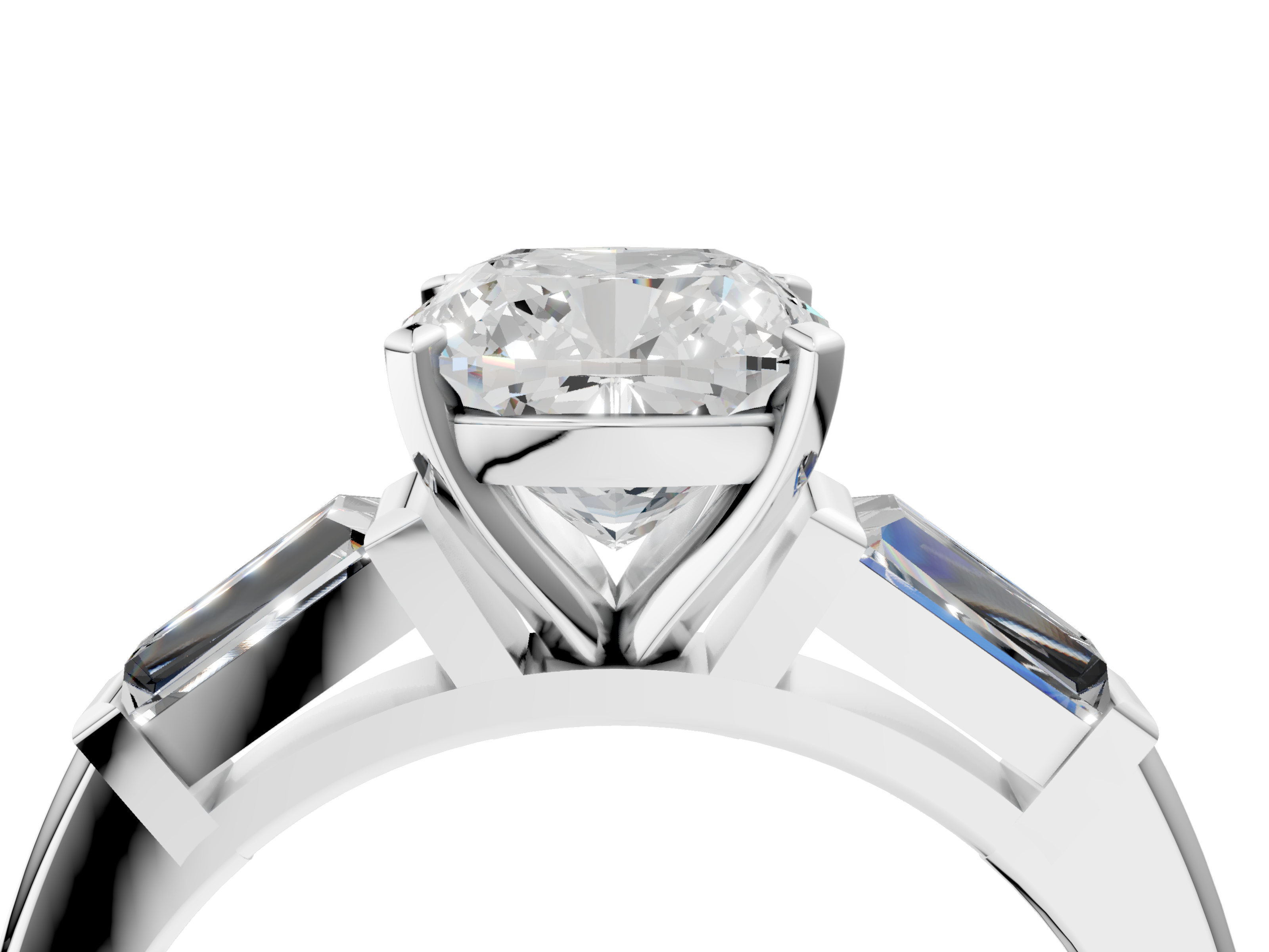 White gold Cushion Solitaire with Tapered Baguette Side Stones on a Classic Band with Four-Prong Setting_139