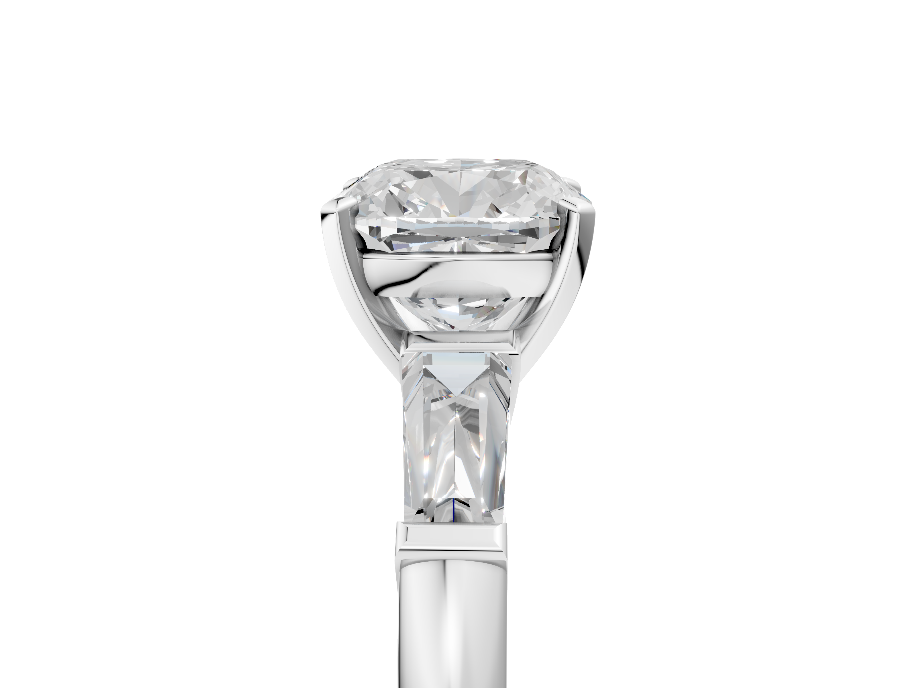 White gold Cushion Solitaire with Tapered Baguette Side Stones on a Classic Band with Four-Prong Setting_140