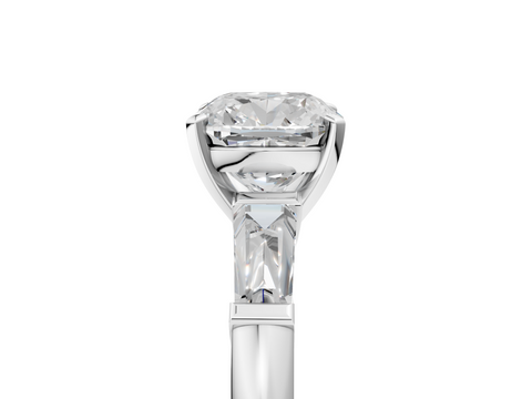 White gold Cushion Solitaire with Tapered Baguette Side Stones on a Classic Band with Four-Prong Setting_140