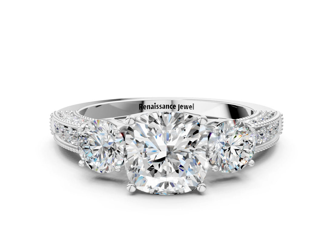 White gold Cushion Three-Stone Diamond Ring with Pavé Band and Four-Prong Setting_6