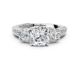 White gold Cushion Three-Stone Diamond Ring with Pavé Band and Four-Prong Setting_6