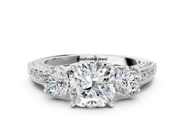 Platinum Cushion Cut Graduated Three Stone Engagement Ring Setting
