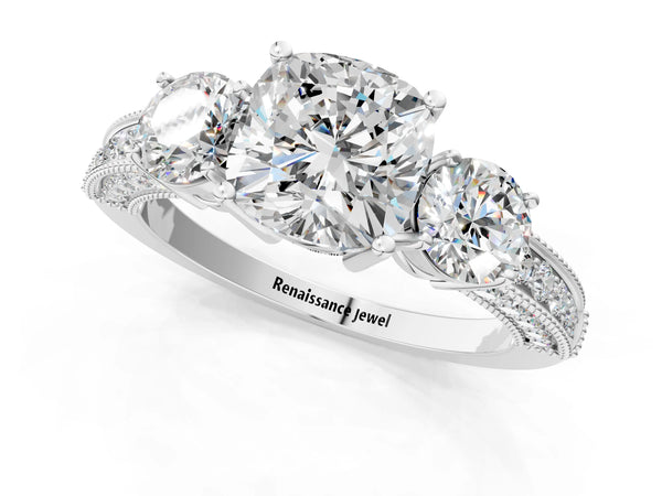 Platinum Cushion Cut Graduated Three Stone Engagement Ring Setting