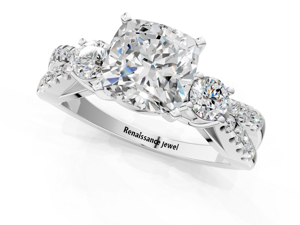 White gold Cushion Cut Diamond Three-Stone Ring with Pavé Split Shank and Four-Prong Setting