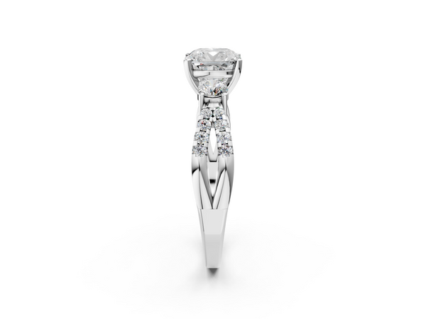 White gold Cushion Cut Diamond Three-Stone Ring with Pavé Split Shank and Four-Prong Setting