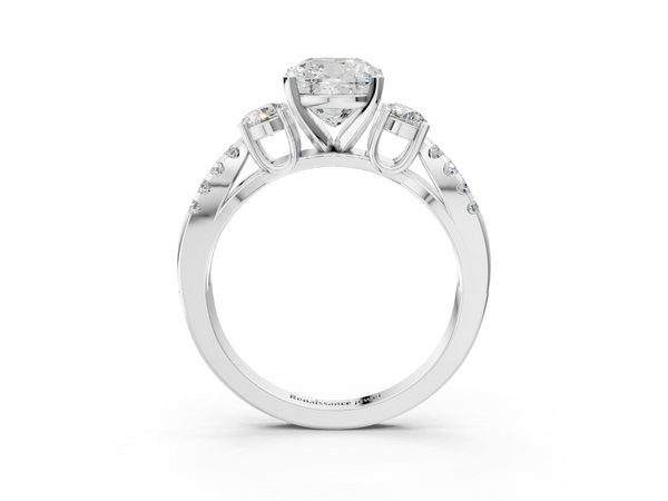 White gold Cushion Cut Diamond Three-Stone Ring with Pavé Split Shank and Four-Prong Setting