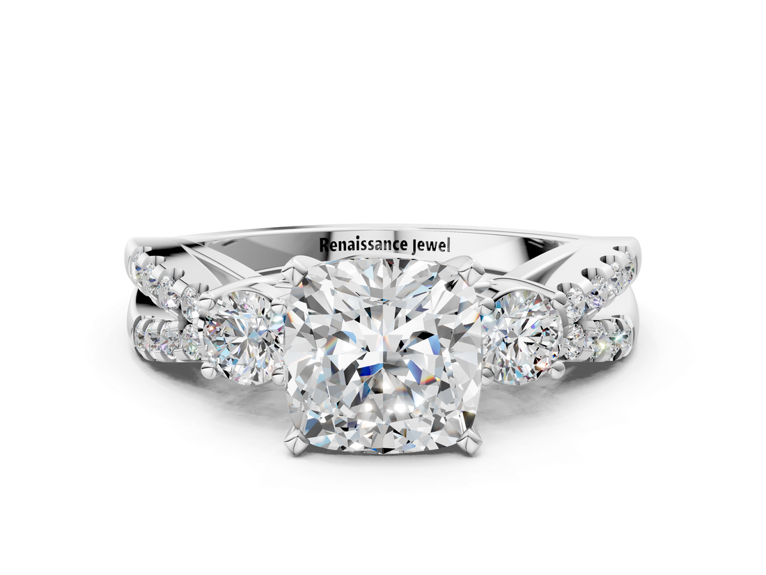 White gold Cushion Three-Stone Diamond Ring with Pavé Split Shank and Four-Prong Setting_81