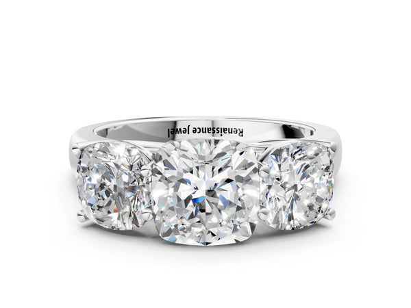 White gold Cushion Three-Stone Diamond Ring with Prong Setting on a Classic Band