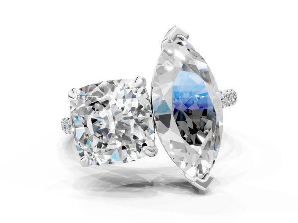 Platinum Cushion and Marquise Toi Moi Ring with Prong Setting and Pave Band