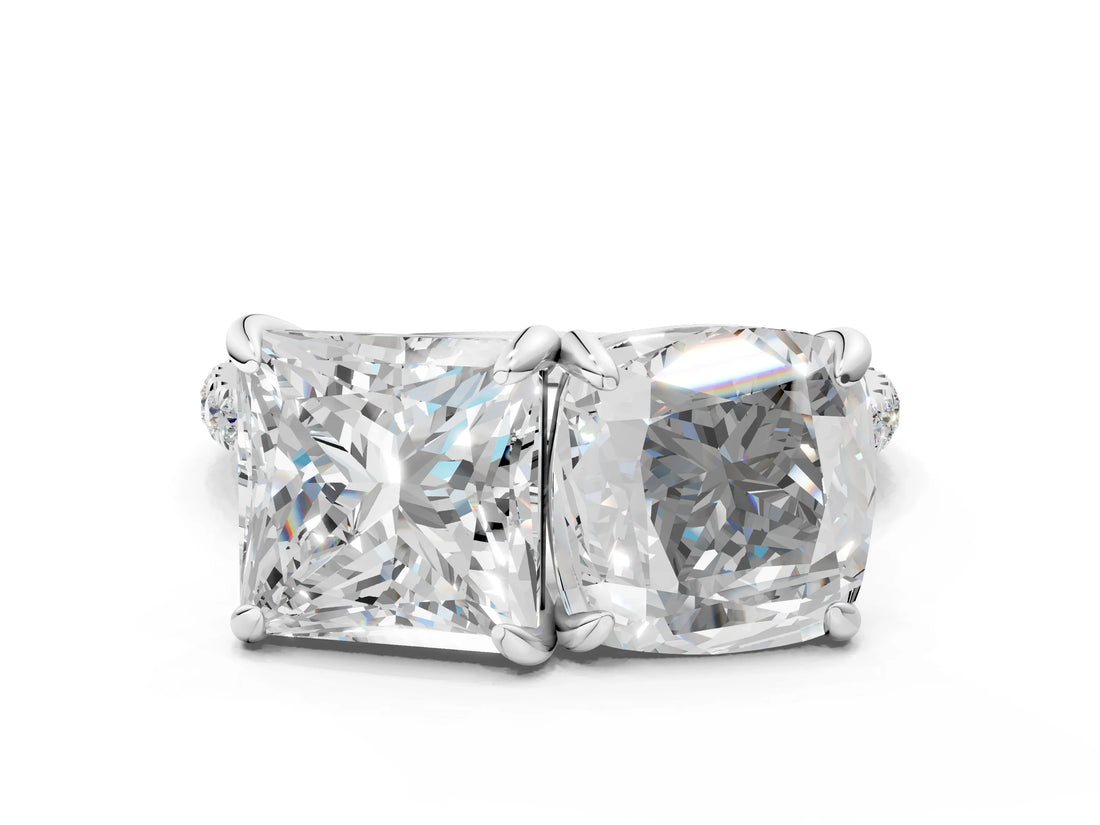 White gold Cushion and Princess Toi Moi Ring with Prong Setting and Micro Pave Band