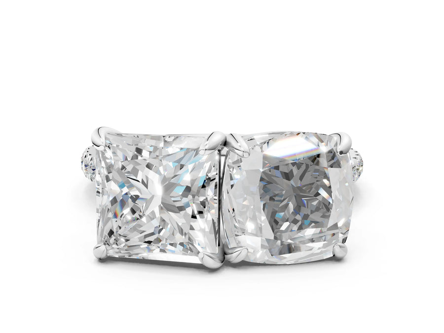 White gold Cushion and Princess Toi Moi Ring with Prong Setting and Pave Band