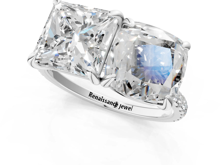 White gold Cushion and Princess Toi Moi Ring with Prong Setting and Pave Band